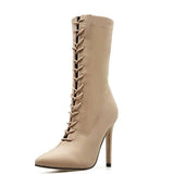 Stretch Fabric Ankle Cross Strap Pointy Stiletto | High Heel Boots