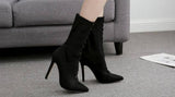 Stretch Fabric Ankle Cross Strap Pointy Stiletto | High Heel Boots - Kalsord