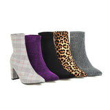 Glitter Stretch Square High Heeled Ankle Boot-Purple silver Plaid Leopard Block - Kalsord