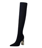 Woman's Over-the-Knee Square Platform Metal High Heeled Pointy Thin Wool Boots