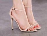 Women's Buckle Strap High Heel open-toe Red Sandal Heels - Kalsord