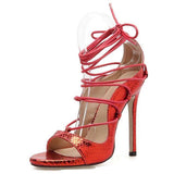 Women's Lace-Up Strappy Sandals Thin Round Toe High Heel- Black, Red - Kalsord
