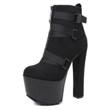 Thick Platform Ankle Heel Black Boots - Kalsord