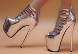 Silver Shiny Sequined Platform Open Toe Gladiator High Heels Shoe - Kalsord