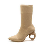 Trendy Design Stretch Sock Boots Ankle Pointy Knitted Boots | Heels- Black, Apricot - Kalsord