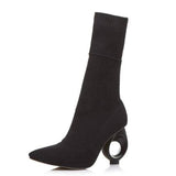 Trendy Design Stretch Sock Boots Ankle Pointy Knitted Boots | Heels- Black, Apricot
