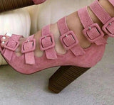 Hollow Belt Buckle Thick Square Heels Peep Toe Gladiator Sandals - Kalsord
