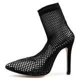 Transparent Mesh Pointed Ankle High Heels Boots - Kalsord