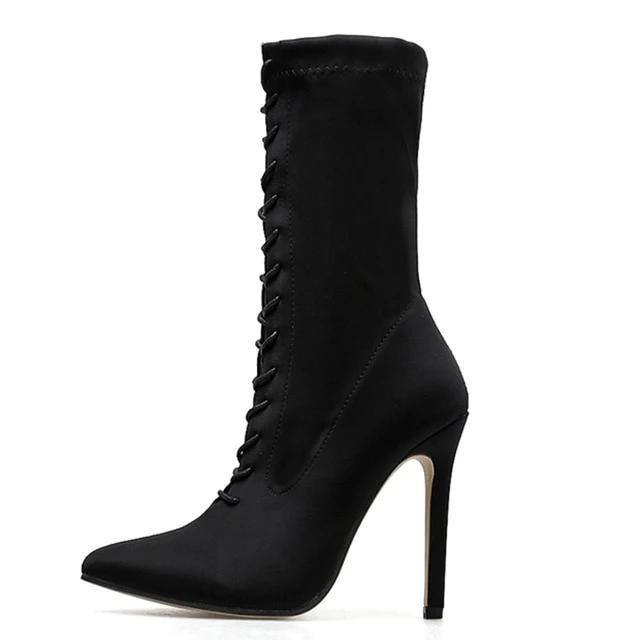 Stretch Fabric Ankle Cross Strap Pointy Stiletto | High Heel Boots - Kalsord