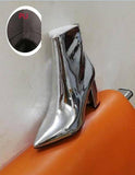 Women's Shiny Pointed Toe Square  Fashion High Heel Boots - Kalsord