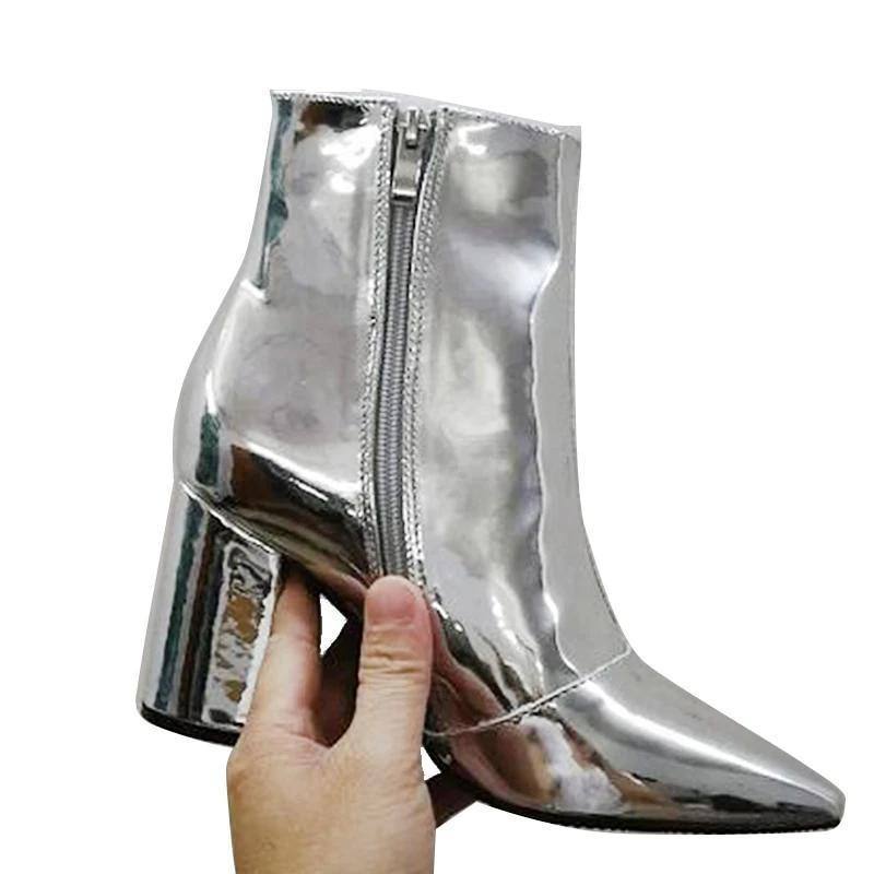 Women's Shiny Pointed Toe Square  Fashion High Heel Boots - Kalsord