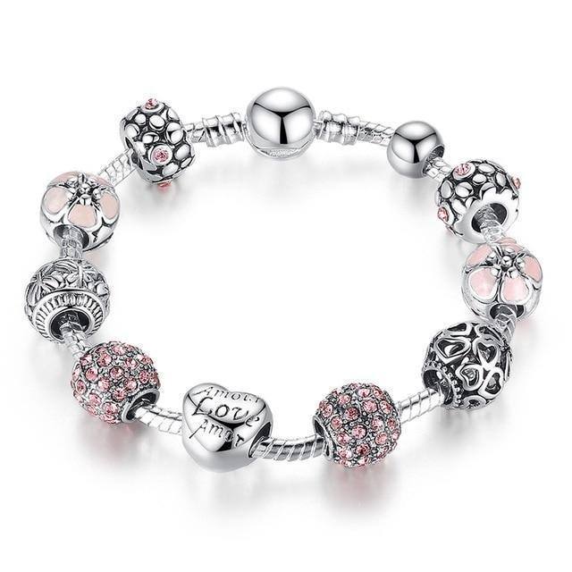 Women's Charming Silver Bracelet | Bangle | Heart and Flower Beads Women Wedding Jewelry 4 Colors 18CM 20CM 21CM - Kalsord