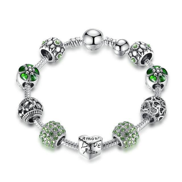 Women's Charming Silver Bracelet | Bangle | Heart and Flower Beads Women Wedding Jewelry 4 Colors 18CM 20CM 21CM - Kalsord