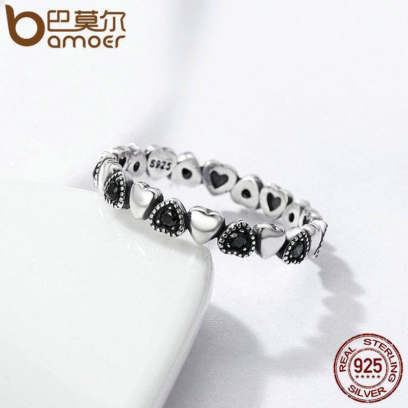 Women's Genuine 925 Sterling Silver Stacked Hearts w/ Black Gem Finger Ring for Wedding Anniversary Jewelry - Kalsord