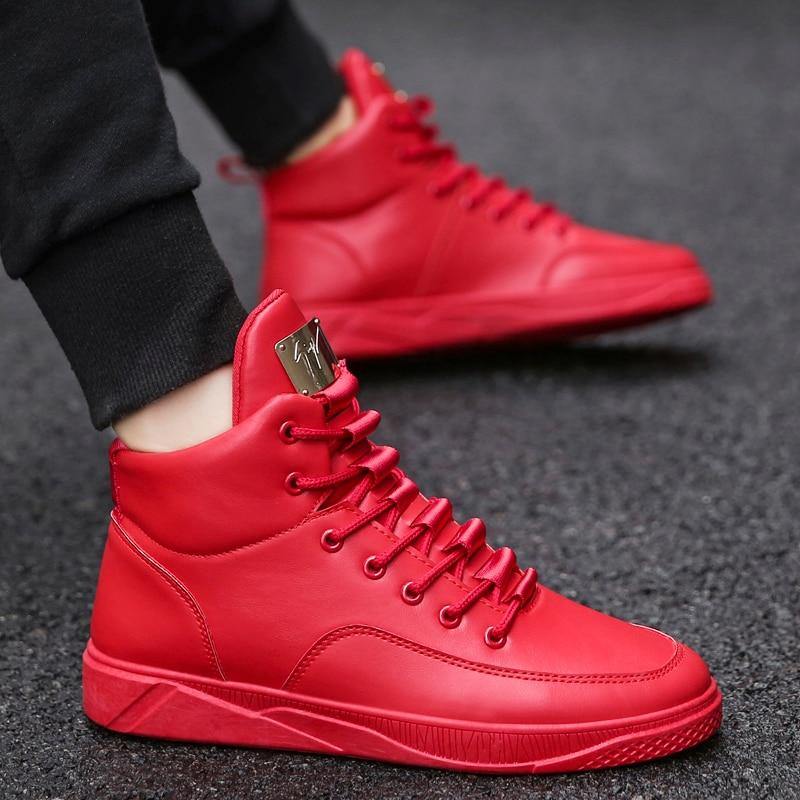 Men's Fashionable Casual High Top Canvas Shoe/Boot- Red, Cream, Black - Kalsord