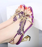 Women's Elegant Butterfly Rhinestone Square Heeled Sandals - Kalsord
