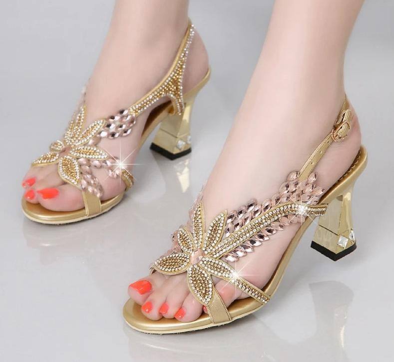 Women's Elegant Butterfly Rhinestone Square Heeled Sandals - Kalsord