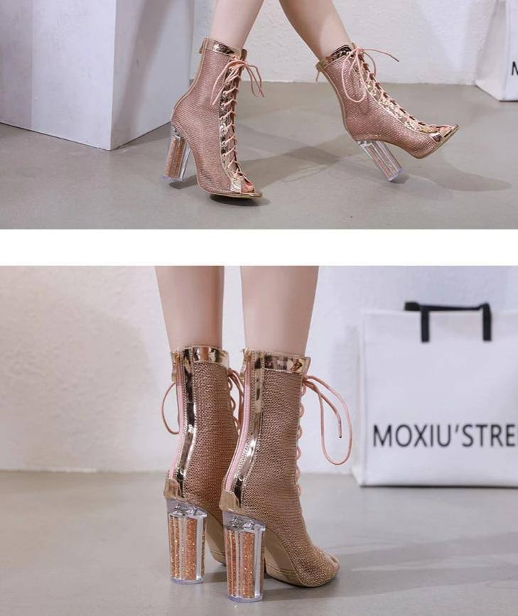 Women's Lace-Up Ankle Boots Sandal Open Toe Transparent High Heels Booties Fashion Chunky Heel - Kalsord
