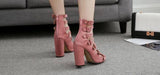 Hollow Belt Buckle Thick Square Heels Peep Toe Gladiator Sandals - Kalsord