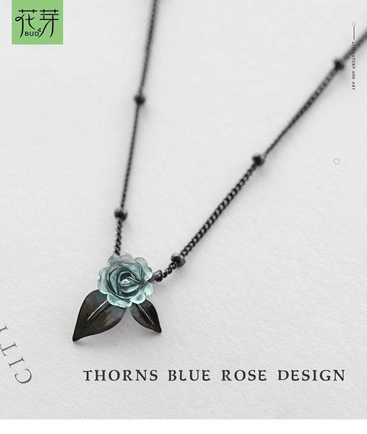 Genuine s925 Silver Blue Rose  Crystal Pendant NecklaceNecklace - Kalsord