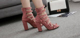Hollow Belt Buckle Thick Square Heels Peep Toe Gladiator Sandals - Kalsord