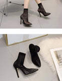 Transparent Mesh Pointed Ankle High Heels Boots - Kalsord