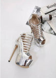 Silver Shiny Sequined Platform Open Toe Gladiator High Heels Shoe - Kalsord