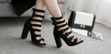 Hollow Belt Buckle Thick Square Heels Peep Toe Gladiator Sandals - Kalsord