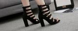 Hollow Belt Buckle Thick Square Heels Peep Toe Gladiator Sandals - Kalsord