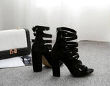 Hollow Belt Buckle Thick Square Heels Peep Toe Gladiator Sandals - Kalsord