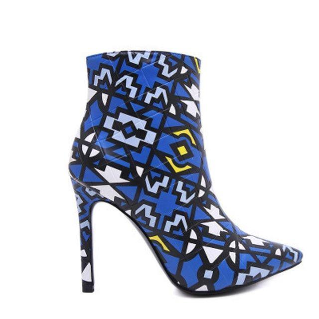 Geometric Ankle Boots Zipper High Heel- Blue, Orange - Kalsord