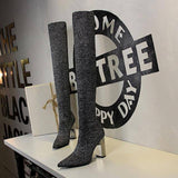 Woman's Over-the-Knee Square Platform Metal High Heeled Pointy Thin Wool Boots - Kalsord