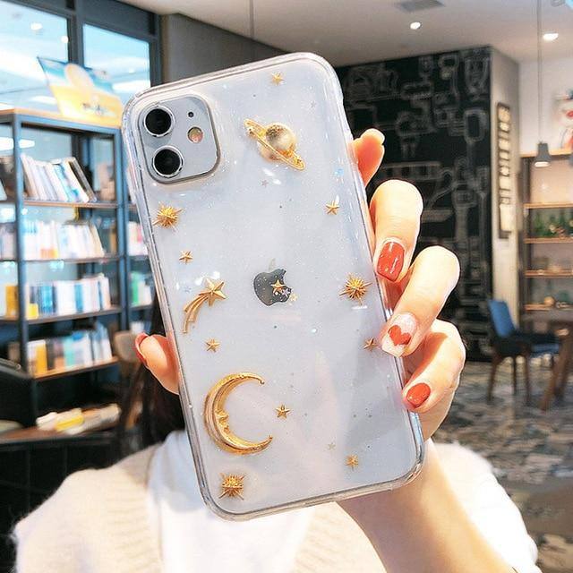 3D Cartoonish Glittering Golden Moon Stars Galaxy Phone Case For iPhone 7 8 6 6s Plus 11 Pro X XR XS Max